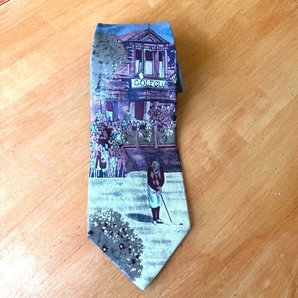 Eddie Bauer Vintage Silk Tie Golf Club Scene Hand Printed Italy Made in USA